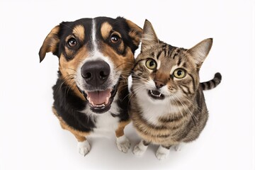 Portrait of happy and surprised dog and cat sit on the floor, looking at the camera together, isolated on transparent background