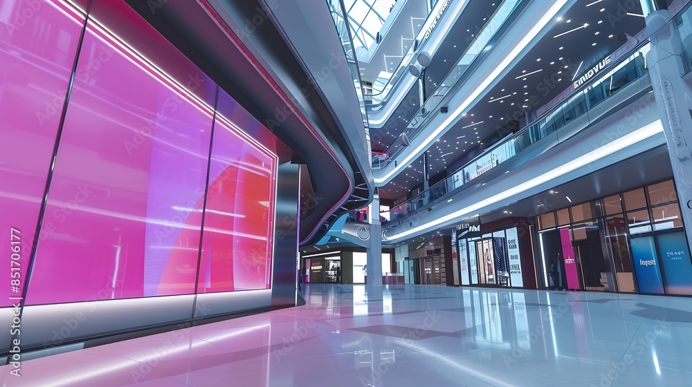 Poster mockup of large led screen a front of shop in shopping mall : generative ai