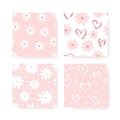 Floral seamless patterns set. Hand drawn romantic grunge flowers and hearts with dry brush texture.