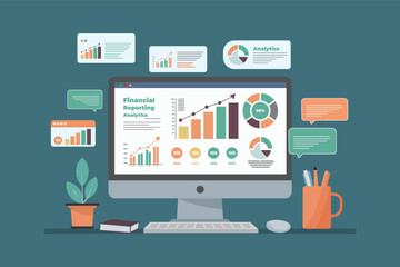 Computer Monitor displays financial reporting infographics, including various charts, stock growth, and messages on the screen. Flat vector illustration