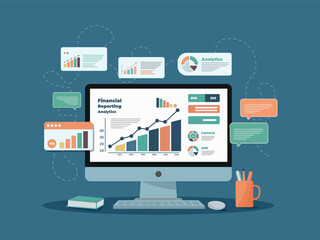 Computer Monitor displays financial reporting infographics, including various charts, stock growth, and messages on the screen. Flat vector illustration