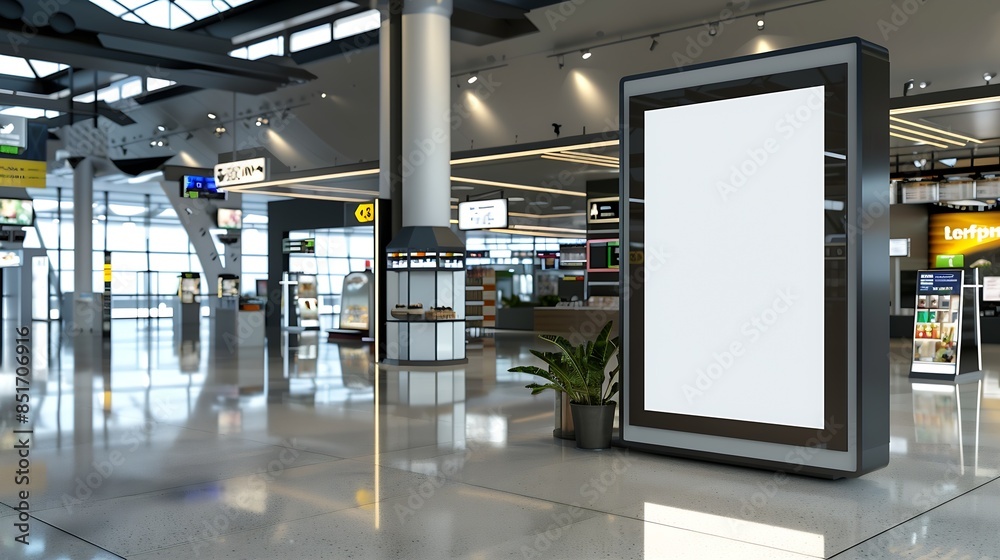 Aufkleber sign and billboard mockup at duty free shop in departure terminal to promote your business or organi