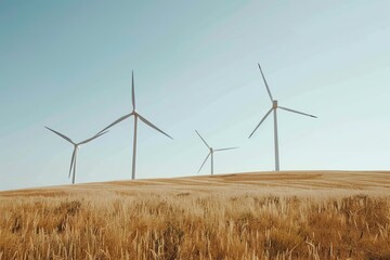 Fototapeta premium Wind turbines on a vast field of golden wheat under a clear blue sky, symbolizing renewable energy and sustainable agriculture.