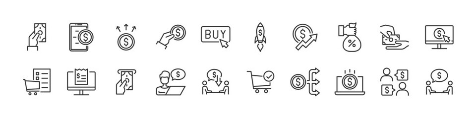 purchase, pay, buy, money outline icons set