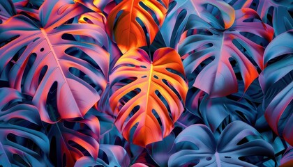 exotic monstera leaves pattern on bright colorful background abstract natural jungle fauna creative illustration