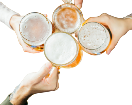 Hands of friends with mugs of beer. Group of friends clink glasses with beer