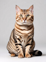 Striped Tabby Cat Sitting on a Grey Background