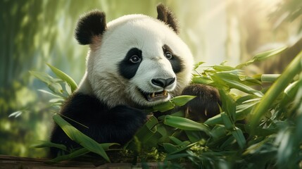 Fototapeta premium Close-up portrait of a panda among bamboo leaves. The concept of the national symbol of China, representing sincerity, friendliness, tolerance and kindness. 