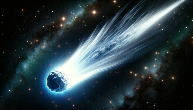 A vibrant comet with its tail stretching across the stars in a high-resolution space photograph style.
