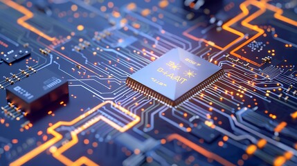 Close-Up of Modern Microchip in a High-Tech Circuit Board with Glowing Lines