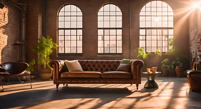 Industrial loft living room with large windows, exposed brick walls, contemporary furniture