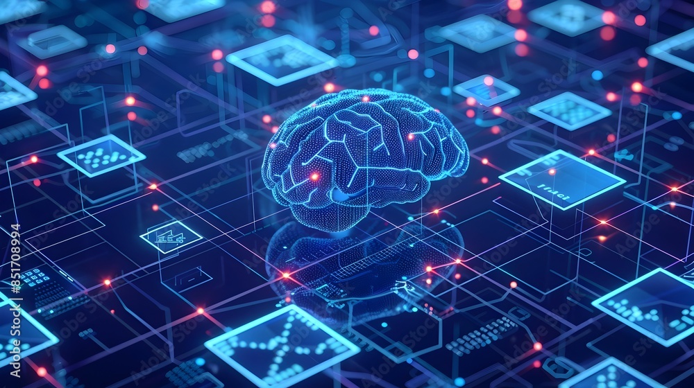 Poster futuristic brain connected to a network of computers illustrating collective intelligence and data s