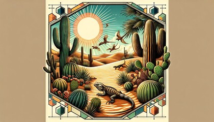 A desert scene featuring various cacti species and lizards scuttling around sand dunes under a large sunburst.