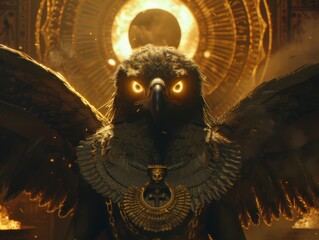Medium shot of an Egyptian god with eagle head with golden glowing eyes, he has large golden glowing wings and he holds the ankh, front view, waist-high photography