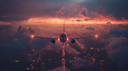 Naklejka premium Airplane Landing Over Cityscape at Sunset