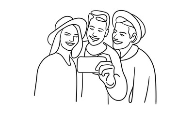 Friends taking pictures continuous line art drawing isolated on white background. Vector illustration