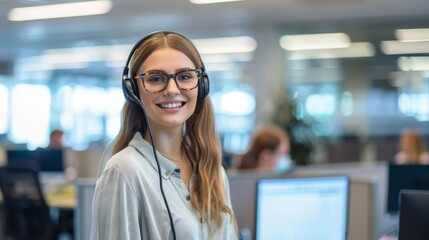 A friendly and welcoming customer support representative standing in front of a call center office background. The representative is smiling, dressed professionally, and holding a phone headset