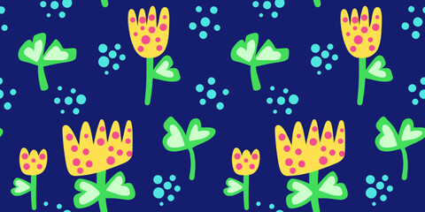Children style floral doodle background, Vector seamless pattern. Abstract floral motif backgrounds.