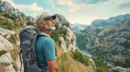 Senior man hiking in the mountains with a backpack, enjoying nature and exploring the scenic landscape on a sunny day.