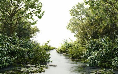 Obraz premium Serene river flowing through dense green forest, with lush foliage and calm water reflecting the surrounding nature. Tranquil and scenic landscape.