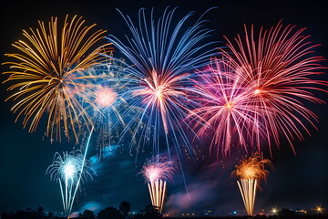 Colorful fireworks lighting up night sky vibrant patterns and flares. Display of red, blue, and...