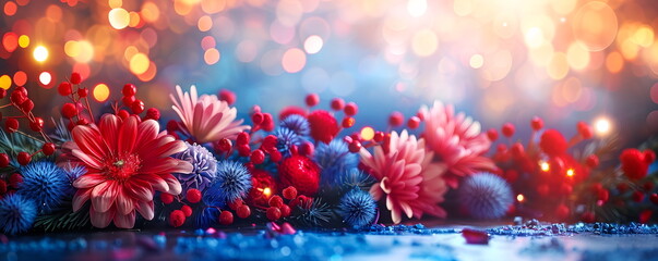 Patriotic American banner with flowers of US flag colors of red, white, and blue, with copy space. Ideal for design, print, cards, banner, flyers, advertising. Concept of 4 July US Independence Day