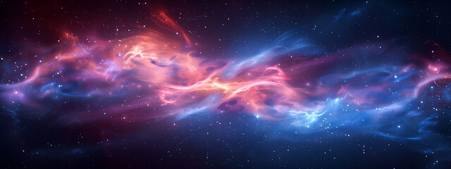 Cosmic nebula in deep space with vibrant colors: purple, blue, and white. Inspiring universe view created by stars and galaxies. Themes centered on space and science concepts. Banner with copy space