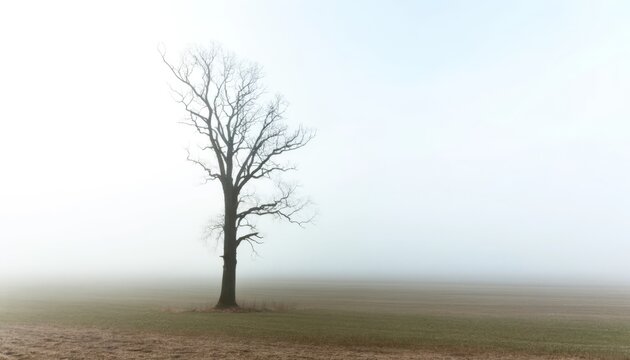 An old, leafless tree in a foggy field during early morning.