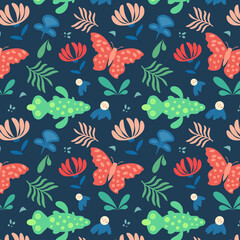 Plants with bug repeated pattern background. Trendy modern illustration