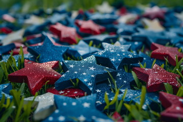 Patriotic American background for 4 July USA Independence Day, red, white, blue stars laid out on green grass, US flag colors. For design, card, poster, flyer, advertising