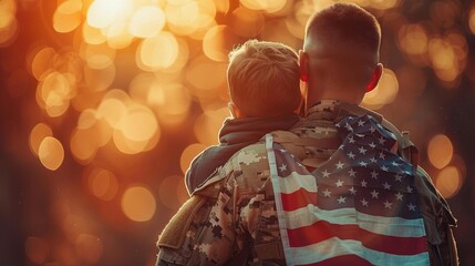 Rear view of military man carrying son, American flag background, happy reunion, bright light, 4th July, Memorial Day, generative AI