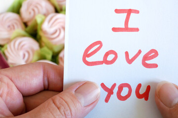 White card with I love you phrase and white box filled with colored meringue cookies, Gift box of...
