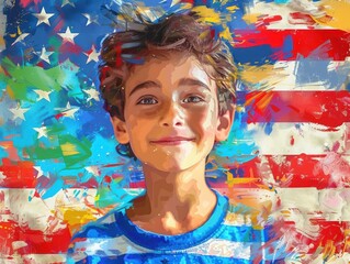Obraz premium Boy with American flag, Independence Day celebration, midshot, vibrant colors, cheerful face, patriotic spirit, generative AI