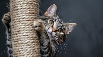 A cat using a scratching post, healthy claws, solid grey background, playful pose