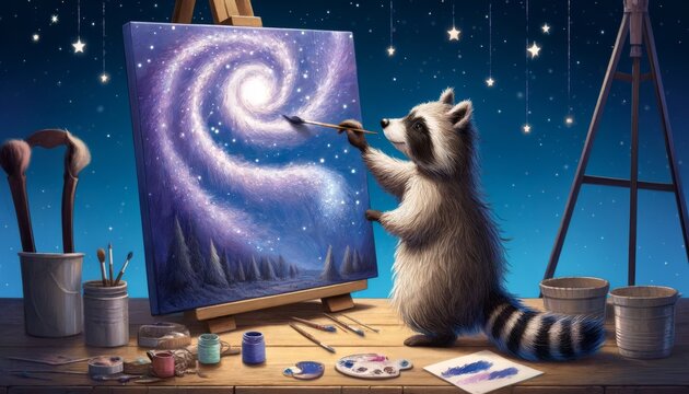 A raccoon painting the night sky on a canvas, with each brush stroke adding a star or a swirl of galaxy.