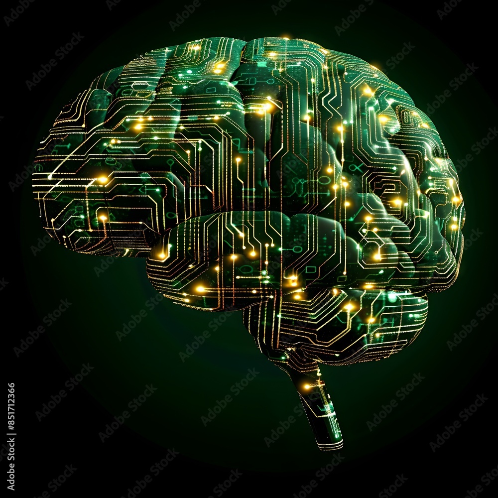 Poster brain with circuit board design symbolizing digital thinking and artificial intelligence
