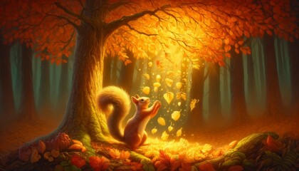 A squirrel gathering glowing golden leaves falling from a magical tree in the forest.