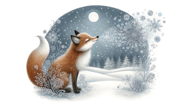 A fox in a snowy scene, blowing frosty air that turns into sparkling snowflakes around it.
