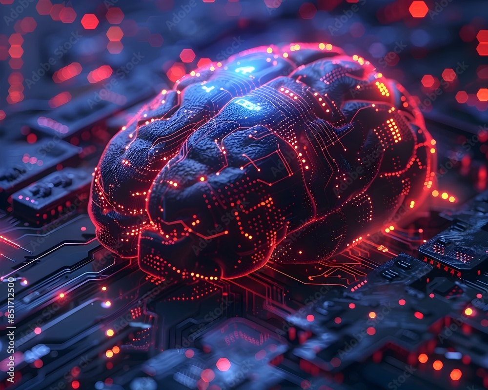 Poster brain with digital interface highlighting interactive technology and user interfaces for futuristic 
