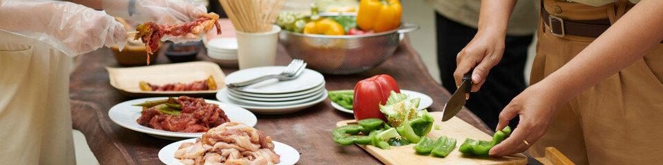 Web banner with young people cooking food for party