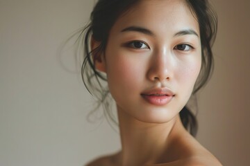 Fototapeta premium Beautiful young asian woman with clean fresh skin on white background, Face care, Facial treatment, Cosmetology, beauty and spa, Asian women portrait.