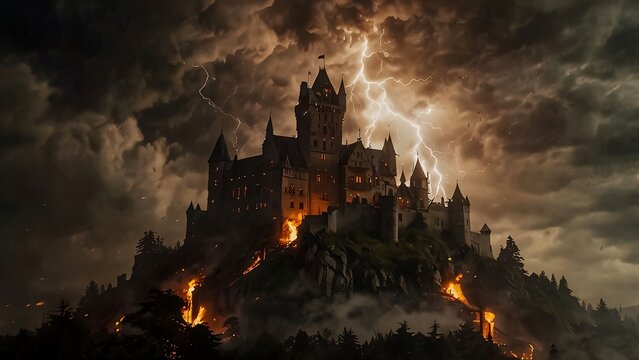 Mystical and spooky castle in the dark and in the fog A magical horror castle over the mountain, An ancient historical Dracula haunted castle horror castle for content