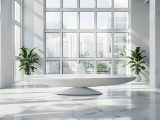 Sleek White Table in Modern High Tech Office with Large Windows for Product Display Concept