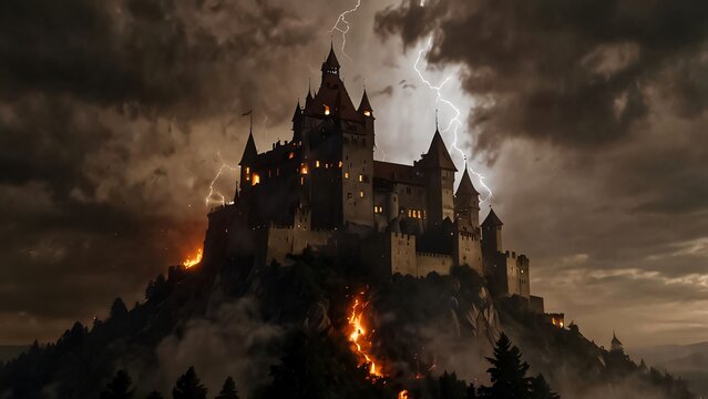 Mystical and spooky castle in the dark and in the fog A magical horror castle over the mountain, An ancient historical Dracula haunted castle horror castle for content