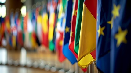 Multiple international flags arranged side by side, symbolizing unity and global diversity. This vibrant image is suitable for concepts related to international relations and cultural diversity. AI