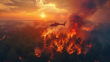 extinguishing a forest fire from a helicopter. A special firefighting helicopter extinguishes a large forest fire on a summer day