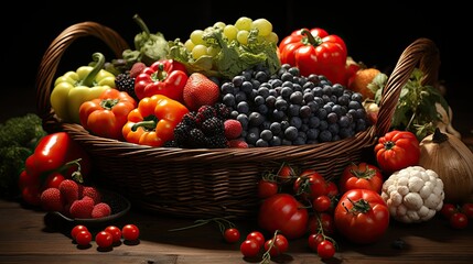 organic vegetables and fruits in wicker basket