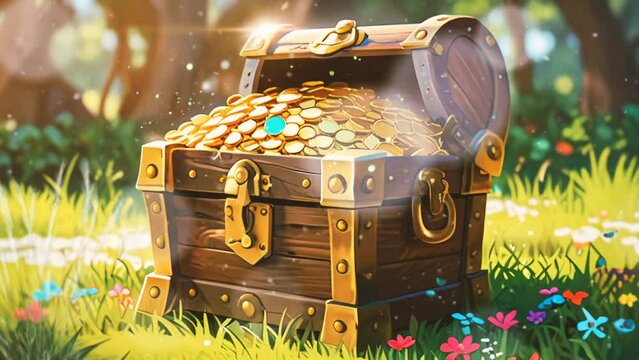 animation of a chest with gold coins. seamless looping time lapse virtual 4k video animation background.