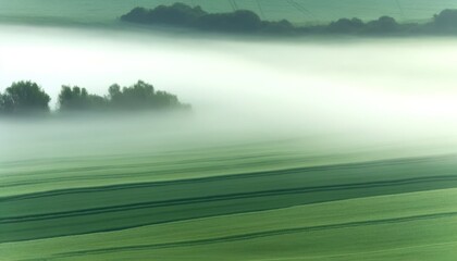 Misty morning in the fields, focusing on the detail of mist hovering low over the lush green fields at dawn.