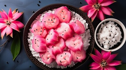 Pieces of dragon fruit cut with top view copy space